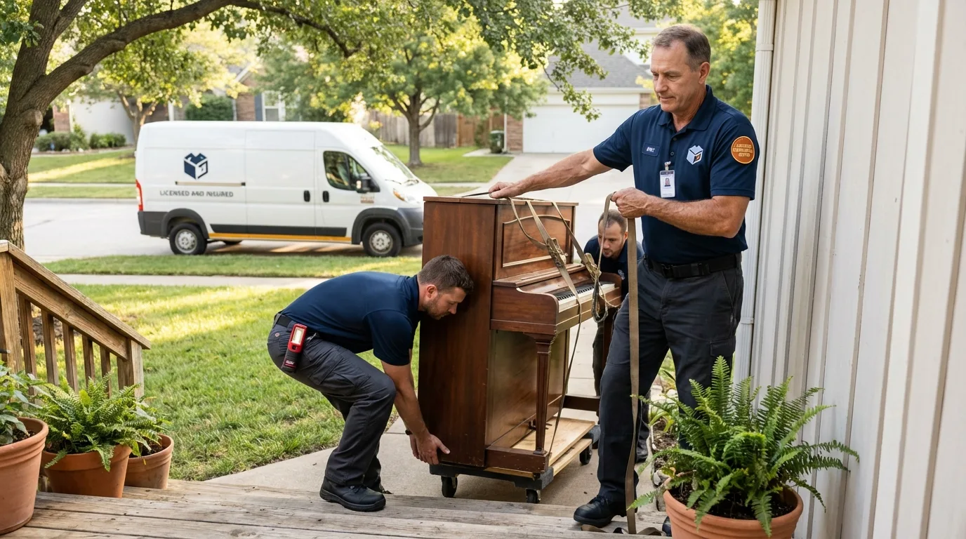 Licensed piano movers securing grand piano in Beebe, AR