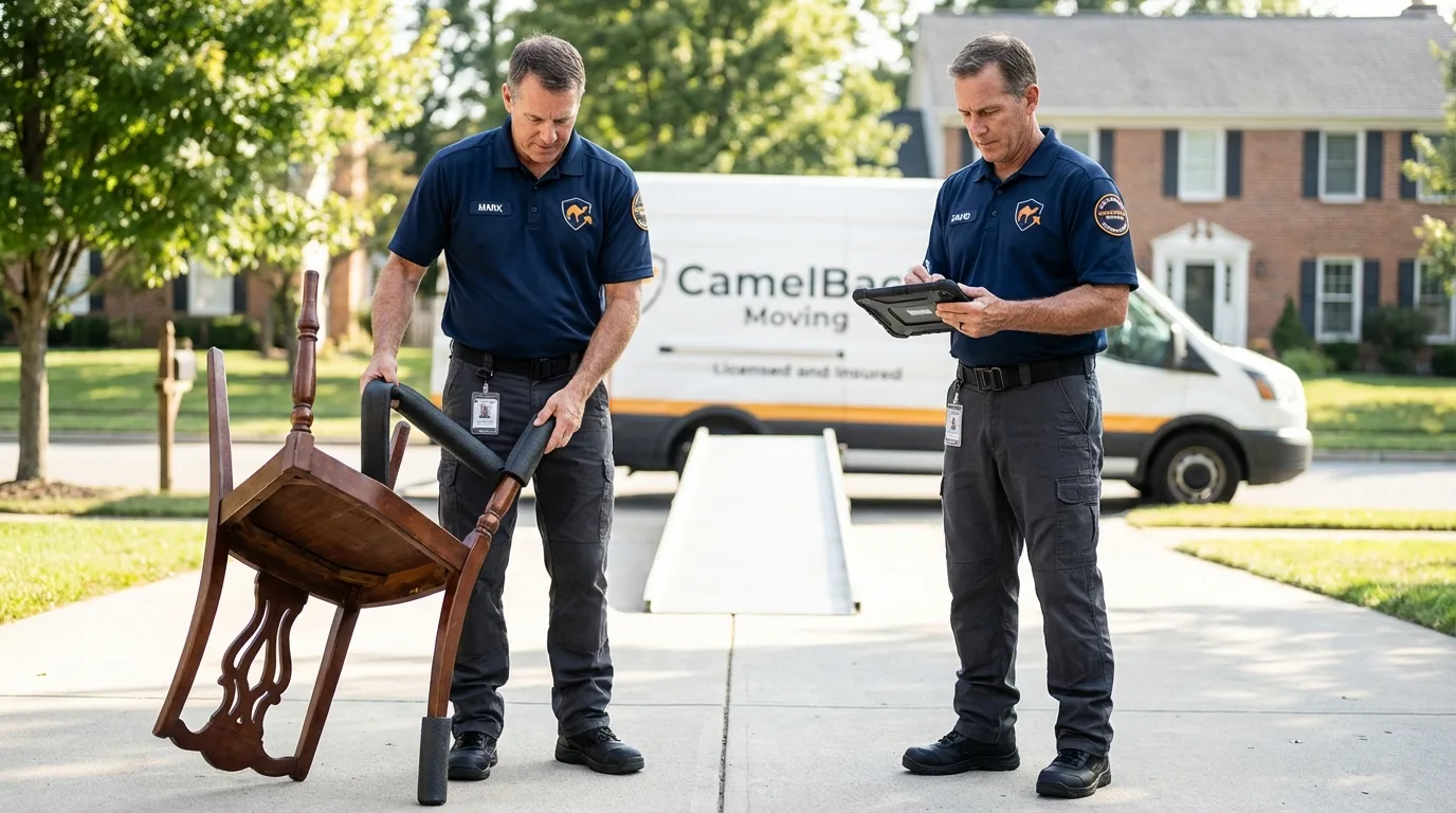 Movers inspecting furniture for damage prevention before loading in Beebe, AR